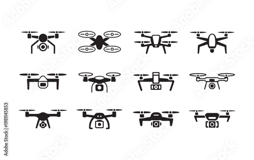Set of modern drone solid icons, quadcopter vector illustration collection for aerial photography.
