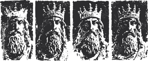 medieval king stone relief carvings four ancient royal portraits with crowns and beards