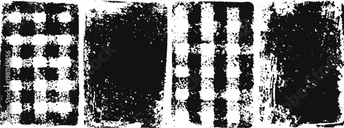 grunge black and white plaid patterns distressed checkered textures with rough ink splatter and worn fabric backgrounds