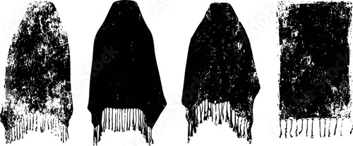 Vintage shawl silhouettes with fringes four rustic woven textile patterns with distressed textures and ornamental edges