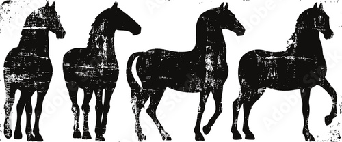 Four vintage horse silhouettes in different standing and walking poses with textured distressed effect