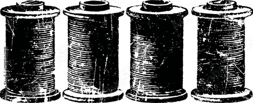 Vintage wooden thread spools in black and white engraving illustration set