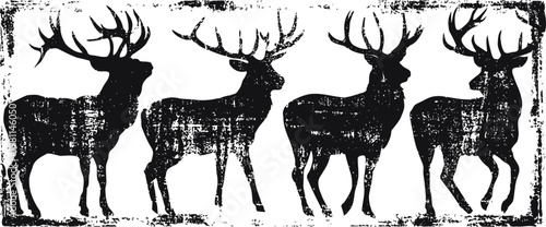 silhouette of four deer with antlers in black and white grunge illustration