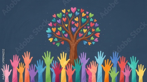 A dynamic illustration of diverse raised hands aspiring towards a heart-shaped tree, representing collective action and social responsibility.