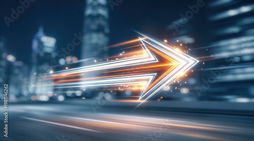 Business transformation and decision intelligence are depicted by an abstract arrow of light speeding across a blurred city.