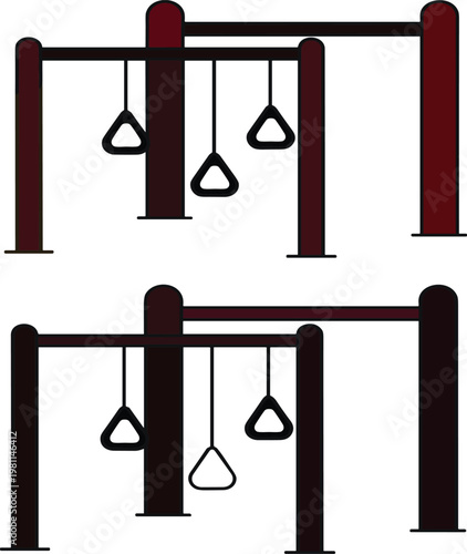 Outdoor Fitness Equipment Icon Set Featuring Pull Up Bars and Gymnastic Rings for Calisthenics, Street Workout, Gym Training, and Sports Park Designs