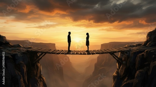 A therapeutic relationship bridge: two figures connect across a narrow span between dramatic sunset cliffs, representing trust and mutual support.