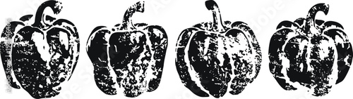 Black and white grunge illustration of four bell peppers in a row with rough texture and distressed effect