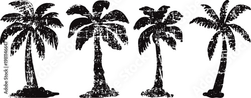 Vintage black silhouettes of four palm trees with textured detailed leaves and trunks