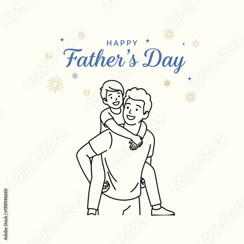 Happy fathers day father carrying son on shoulders piggyback ride line art illustration for fathers day holiday greeting card design celebration event, social media post