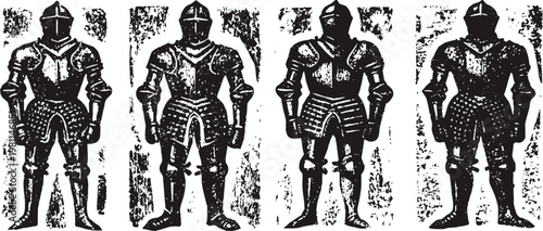 Four vintage medieval knights in armor standing side by side with helmets and plate armor detailed engraving