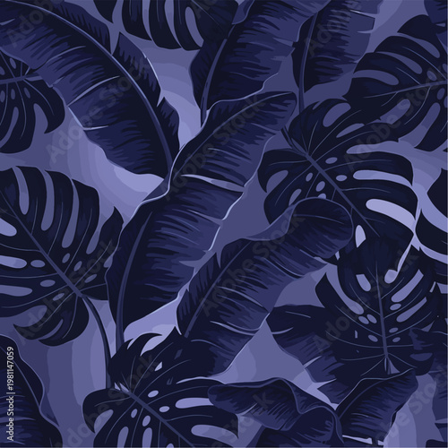 Seamless pattern of tropical leaves in shades of blue creating a vibrant botanical design