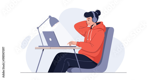 Young person with headphones working on laptop at desk, focused illustration