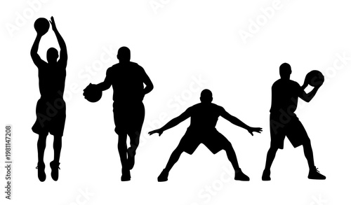 Basketball silhouettes set players action poses high contrast sports vector illustration