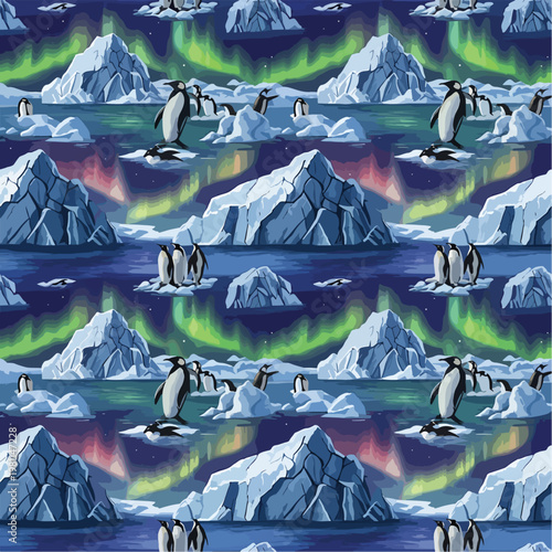 Seamless pattern of penguins, icebergs, and aurora borealis in a wintery arctic scene