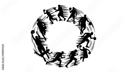 Basketball player silhouettes group circle composition high contrast vector set