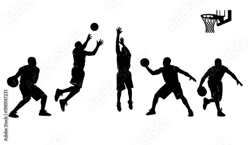 Basketball players silhouette set group of athletes high contrast vector illustration