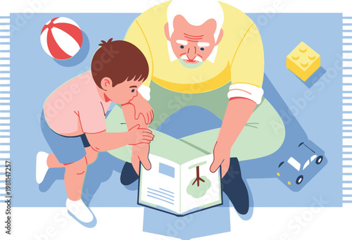 Grandfather teaching grandson and child drawing, indoor playtime, family bonding, learning, creativity, imagination, childhood fun