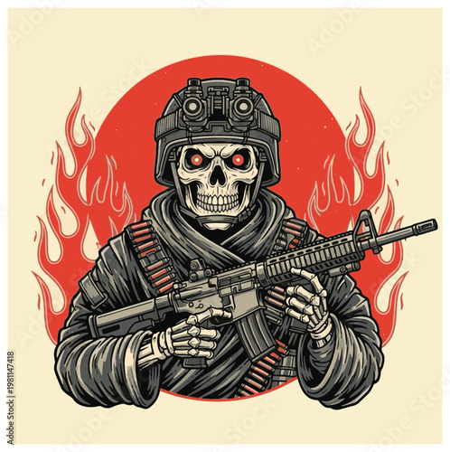 A terrifying skull soldier in a tactical helmet holding a rifle, surrounded by flames, embodying a powerful and dangerous warrior aesthetic vector design