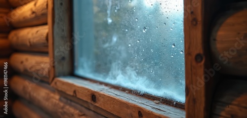 Frosted window pane with water drops on rustic wooden wall inside cozy cabin. Winter scene outside through steamy glass. Warm interior comfort.