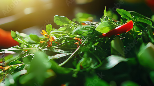 Fresh salad with vibrant greens and colorful vegetables, showcasing healthy and appetizing mix. sunlight enhances freshness and appeal