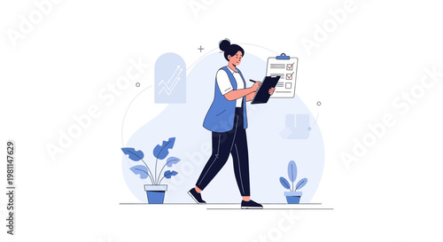 Woman checking checklist on clipboard, walking, business concept, modern flat illustration