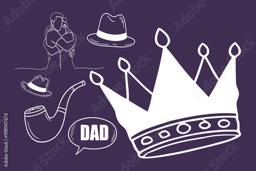 Happy fathers day celebrating dad with crowns pipes love a sketch illustration