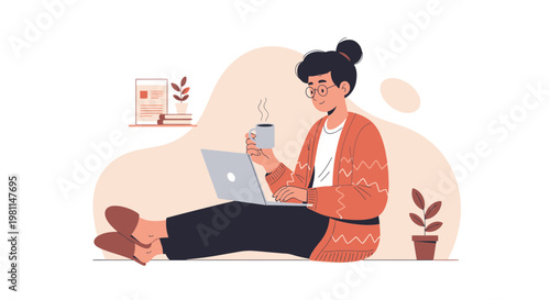 Woman Freelancer Working Remotely with Laptop and Coffee, Cozy Home Office Illustration