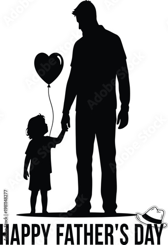 Touching happy father's day silhouette dad and child holding hands with heart balloon