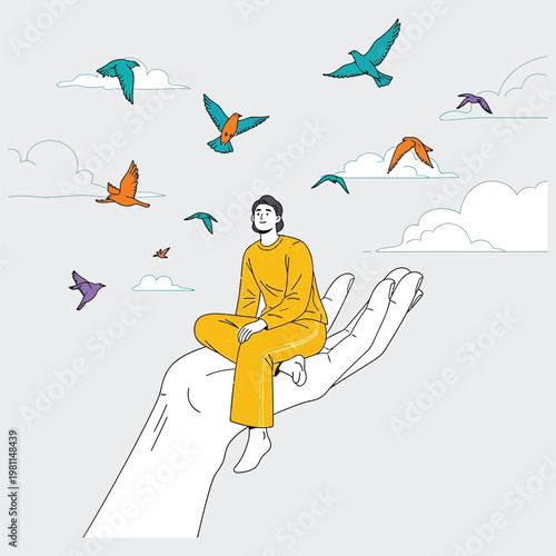 A serene young man finds peace and freedom, meditating on a large hand surrounded by colorful birds and clouds.