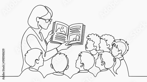 A teacher reading a book to a group of young students. The teacher is holding a book open, and the children are attentively listening. Line art image