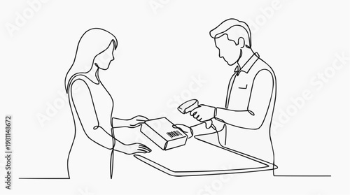 A continuous line art depicts a transaction between a customer and a cashier