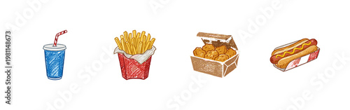 Fast Food Snacks and Junk Food Meal Elements with Bold Ink Outlines and Saturated Colors in Crayon Colorful Style.