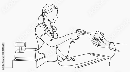A cashier scans a barcode at a checkout counter, ready to provide service