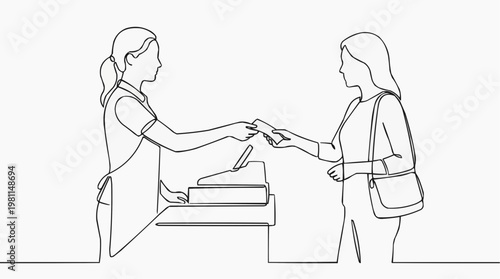 Customer and cashier interaction at a retail store, with focus on exchange of payment and product