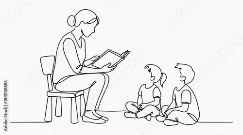 A teacher is reading a book to two children. They appear to be engaged with the content, a moment of learning and connection. This scene creates a sense of comfort and education