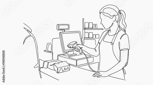 A cashier is scanning the barcode of product at counter. The cashier is wearing apron and a display screen and some goods are visible