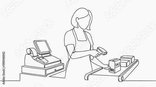 A line art illustration of a cashier scanning items at a checkout counter