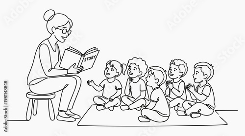 A teacher reading a story to a group of children. The teacher is sitting on a stool and the children are sitting around the teacher listening attentively