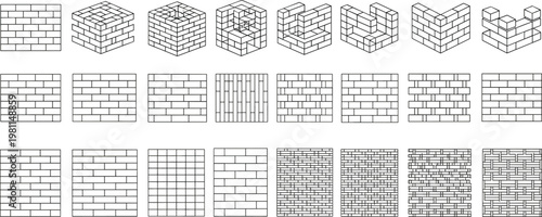 Brick Wall Patterns Set with Different Masonry Textures and Isometric Structures for Construction Design Architecture Background and Building Material Illustration