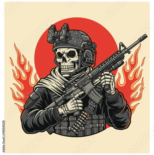 Skeleton soldier in tactical gear holding a rifle with a fiery background, illustrating a powerful and dangerous warrior vector design
