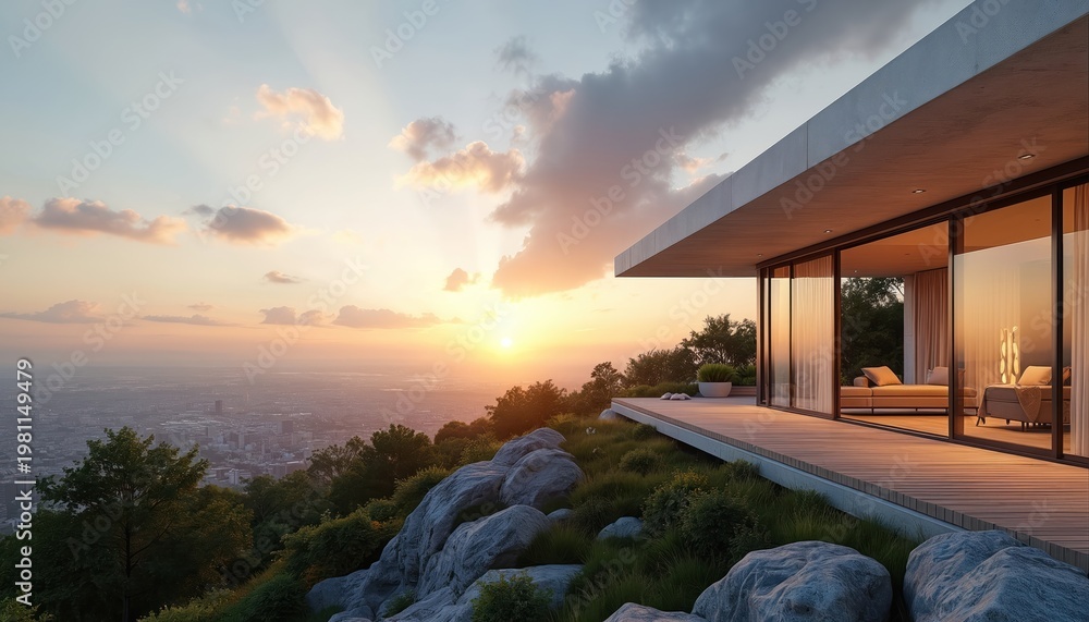 Obraz premium Modern house on mountain cliff at sunset. Large glass windows reveal interior with furniture. Cityscape below, dramatic sky above, natural rocks and green grass surround dwelling.