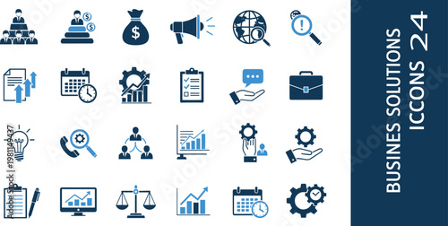 Business solutions line icon set minimal outline vector management strategy analytics editable UI corporate design pack