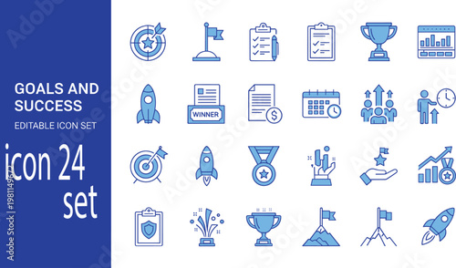 Goals and success line icon set minimal outline vector achievement target growth strategy editable UI design pack