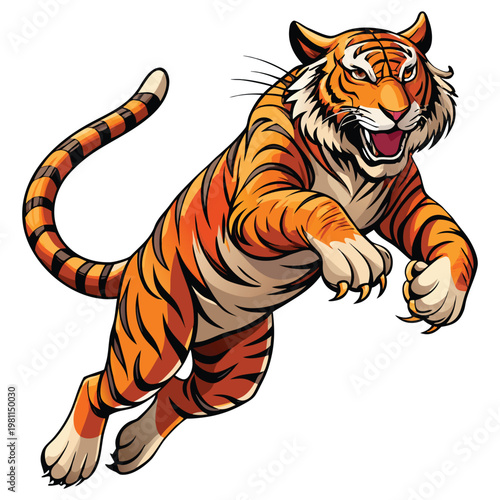 Vector illustration of a fierce cartoon tiger running with open mouth.