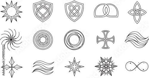 Mystical and Esoteric Sacred Geometry Icon Set Featuring Celtic Knots, Shields, Sun, Infinity Symbol, and Geometric Spiritual Ornaments