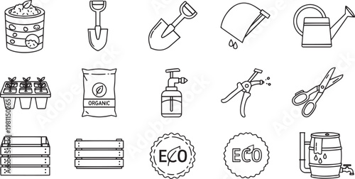 Garden Tools and Eco Farming Line Icon Set Featuring Shovel, Watering Can, Organic Fertilizer, Seedlings, Pruning Shears, and Compost Bin
