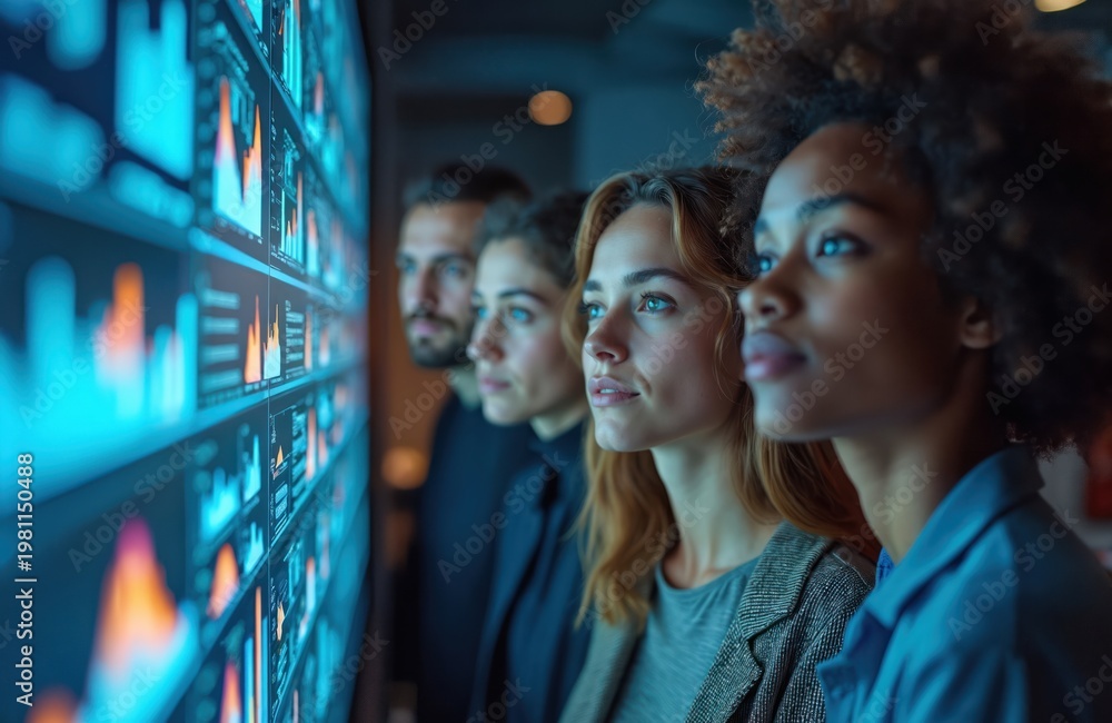 Fototapeta premium Diverse group analyzes data charts on large futuristic screen. Team members discuss strategy, insights, planning future business growth. Professionals collaborate using advanced tech in modern office.