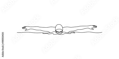 A continuous line drawing of a swimmer performing the butterfly stroke in a minimalist style. Vector, illustration