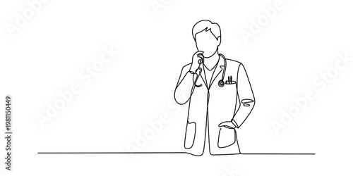 A single continuous line drawing of a thoughtful doctor wearing a white coat and stethoscope. Vector, illustration